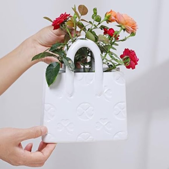 Handbag Ceramic Vase - Purse Shaped Vase w/ Clover Embossed Design - Picture 1 of 9